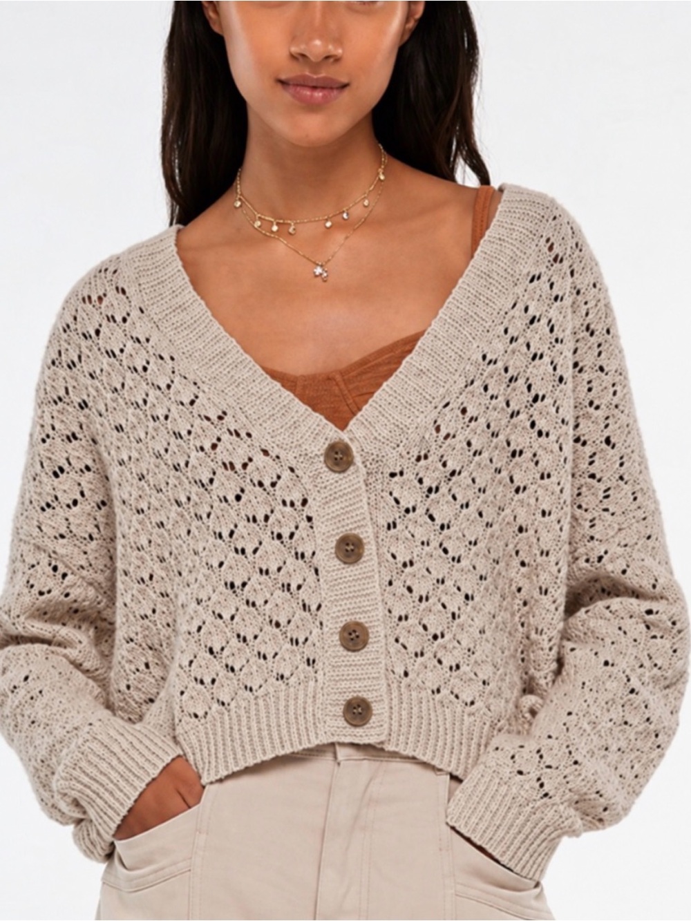 Open-Knit Button Front Cardigan in Cream